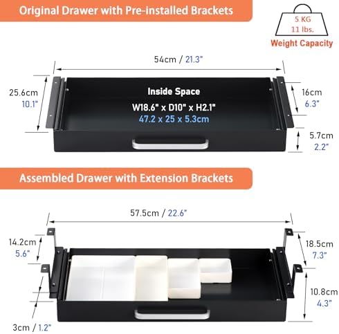 Under Desk Drawer 21" with 4 Divider Trays, Storage Drawer Organizer