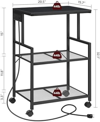 MAHANCRIS Mobile Printer Stand, 3-Tier Industrial Printer Cart with Power Outlets and 2 USB Ports, Rolling Printer Table on Wheels for Home Offices Kitchen Organization Rack, Black PTHB78E01