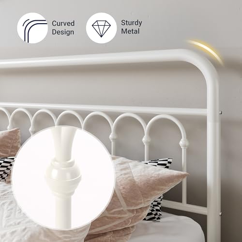 Full Size Metal Platform Bed Frame with Headboard, Cream