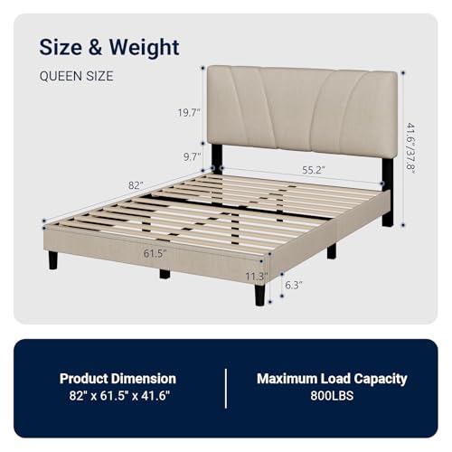 Queen Bed Frame, Upholstered Platform Queen Size Bed Frame with Adjustable Headboard, Easy Assembly, No Box Spring Needed, Beige