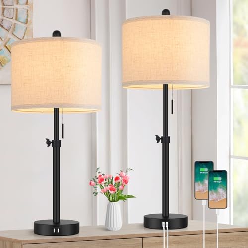 Adjustable Table Lamps for Bedroom Set of 2, 23''-30'' Height Adjusted Bedside Lamps with 2 USB Ports, Black Nightstand Lamps with Cream Linen Shade, Modern Industrial Living Room Lamp Set, Pull Chain