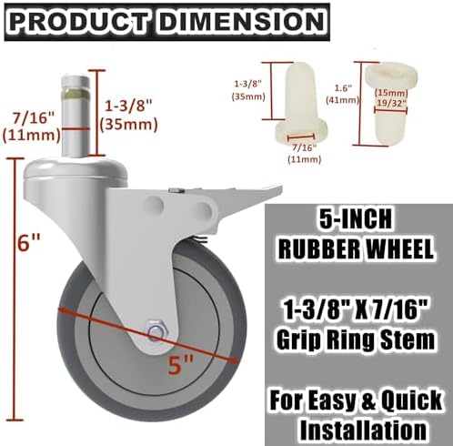 RILIDRI 5-Inch Swivel Stem Caster, 7/16-Inch Stem Diameter Rubber Wheel, Heavy Duty TPR Thermoplastic Rubber Replacement Wheels, 225-lb per Wheel- 4 Pack(2 Brakes 2 Swivel)