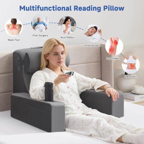 Reading Pillow for Bed, Back Pillow for Bed Sitting Up, Bed Pillows for Sitting Up with Adjustable Armrests, Cup Holder & Large Pocket, Backrest Cushion for Reading, Watching TV (Dark Grey, 4PCS)