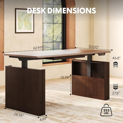 FLEXISPOT 63" WoodiX Solid Wood Executive Standing Desk with Drawer, Walnut