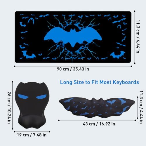 Gaming Mouse Pad XXL with Ergonomic Wrist Support Set, Bat-Themed Desk Mat &Keyboard Wrist Rest&Mouse Pad Wrist Support, Non-Slip Base Pad Set for Home, Office, PC & Laptop(Blue Eyes)