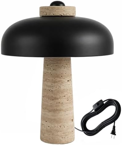 18" Travertine Table Lamp with Black Metal Shade, Marble Mid-Century Modern Black Stone Desk Lamp for Office, Large Stone Bedside Lamp for Living Room Bedroom