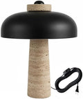 18" Travertine Table Lamp with Black Metal Shade, Marble Mid-Century Modern Black Stone Desk Lamp for Office, Large Stone Bedside Lamp for Living Room Bedroom