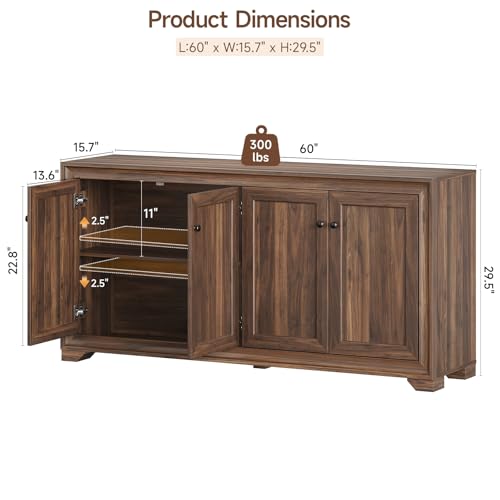 60" Buffet Cabinet with Storage, 4 Doors & Adjustable Shelves Brown