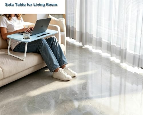 27.6" Home Office Folding Lap Desk with Drawer, Tablet Slot, Cup Holder - Fits up to 18 Inch Laptops, Bed Desk for Reading, Writing, Eating, Portable Laptop Table for Sofa, Coach, Floor (Blue)