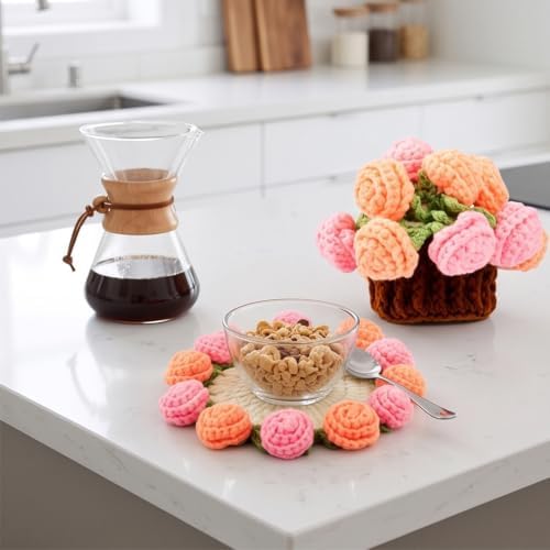 Transformable Knitted Rose 2-in-1 Flower Basket Handmade Crochet