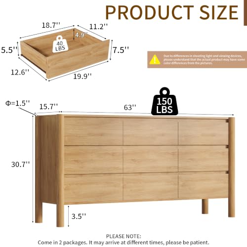 63" Wide Oak 9 Drawer Dresser for Bedroom with Solid Wood Legs