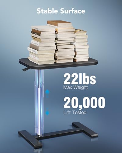 HUANUO 28Inch Bedside Table with Wheels, Height-Adjustable Rolling Computer Cart, Overbed Table with Cup Holder, Pneumatic Laptop Standing Desk for Home Office, Black