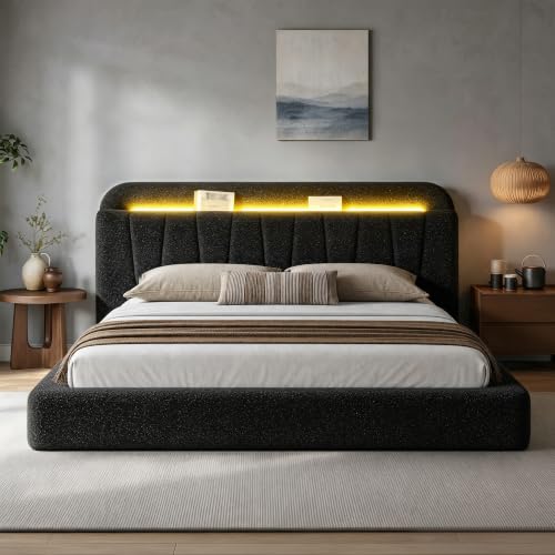 Cloud Bed Frame King with Storage Headboard & LED Lights, Black