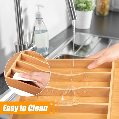 Bellsal Bamboo Silverware Drawer Organizer, Kitchen Utensil Drawer Organizers, 12"x15.7" Utensils Holder Cutlery Tray with Grooved Drawer Dividers for Kitchen Flatware Bedroom Office(7 Slot, Natural)