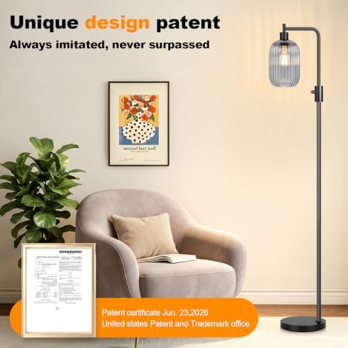 【Upgraded】 Dimmable Floor Lamp for Living Room with Gray Ribbed Glass Lampshade, Black Modern Floor Lamp with 900LM LED Bulb Included, Arc Standing Tall Lamp for Bedroom, Office, Reading Room, Corner