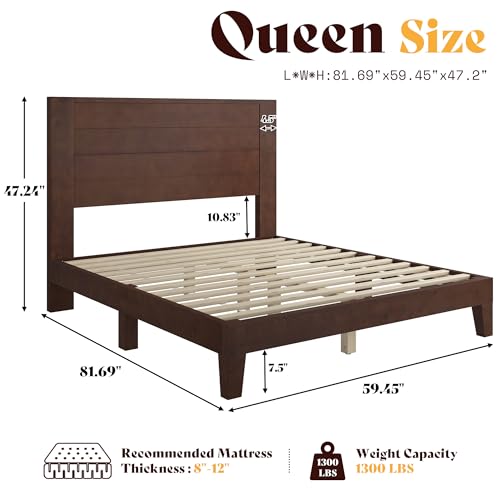 Queen Size Solid Wood Bed Frame with 48" Headboard Design, Walnut