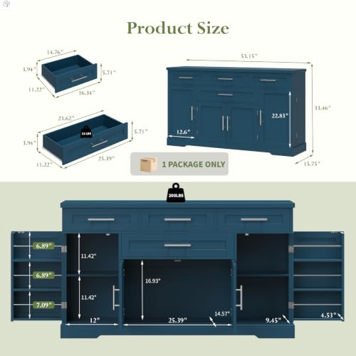 54" Sideboard Cabinet, Kitchen Buffet Cabinet with Storage, Blue
