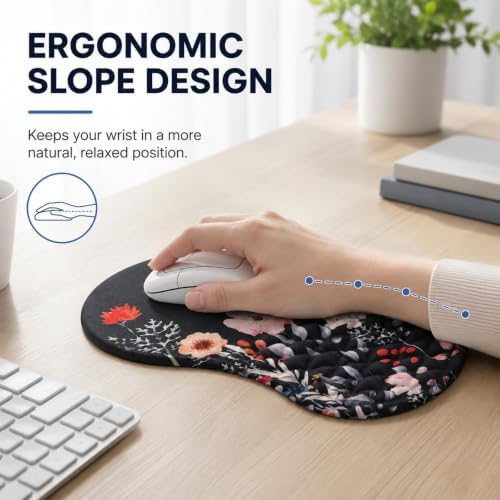Ergonomic Mouse Pad with Wrist Rest, Mouse Pad with Memory Foam Massage Support, Non-Slip PU Base, Comfortable Typing Cushion for Home Office Computer Laptop, Flower Black