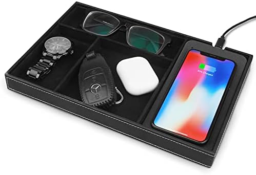 Valet Tray with Wireless Charging, All in one Nightstand Organizer for Men
