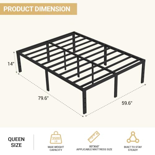 14" Queen Bed Frame Sturdy Metal Platform for More Storage No Box Spring