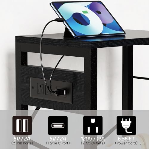 End Table with LED Light, Record Player Stand with Charging Station