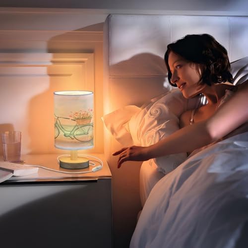 Bedside Lamp Bike Bicycle Flower Coast Table Lamp for Bedroom LED Nightstand Lamp Shade USB Ports Wood Base for Living Room Dorm Office