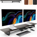 KIVY Dual Monitor Riser With Integrated Metal Shelf - Wooden Desk Shelf