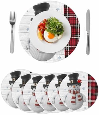 15inch Round Braided Placemats Set of 6, Washable Woven Dining Table Mats, Polypropylene Place Mats for Kitchen Table Home Decoration, Snowflowers Snowman Christmas