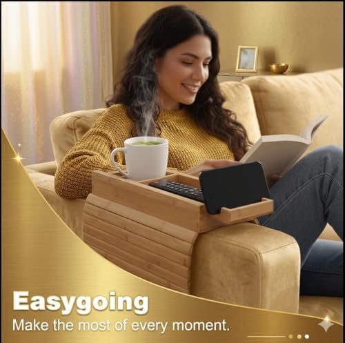 Bamboo Sofa Armrest Tray with Detachable Cup Holder, Couch Arm Tray Table with Phone Holder, TV Remote Organizer, Foldable Anti-Slip Sofa Armrest Caddy for Drinks, Snacks & Living Room