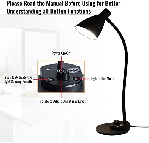 LED Desk Lamp, Desk Light with USB Charger, 3 Color Temperature and 20 Brightness Levels, Eye-Caring Metal Desk Light for Office and Bedroom, 10W, 1000 Lumens, Adapter Included (Black)