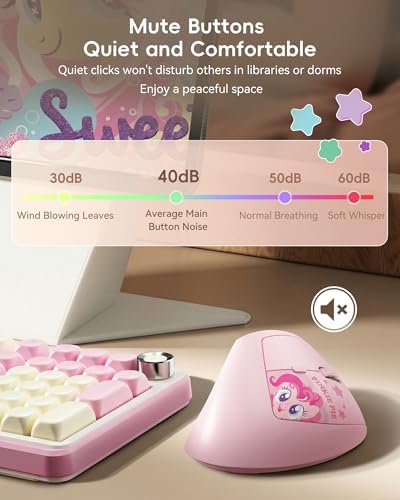 My Little Pony Ergonomic Vertical Mouse, VM01 Dual-Mode (2.4GHz/Bluetooth) Wireless Silent Mouse with LED Battery Indicator, 6 Buttons Silent Clicking Mouse for Wrist Comfort, PC, Laptop, Mac (Pink)