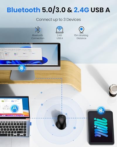 TECKNET Wireless Mouse Bluetooth 5.0/3.0 & 2.4G Rechargeable, Silent Clicks, Adjustable 4800 DPI, 6 Buttons, Ergonomic Design, Bluetooth Mouse for Laptop, Computer, ipad-Dark