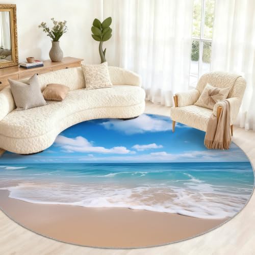 Ocean Theme Round Rug - 4ft Washable Ocean Round Area Rug for Living Room, Natural Landscape Circle Rugs Soft Non-Slip Carpet for Bedroom Kitchen Dining Table Decor Mat