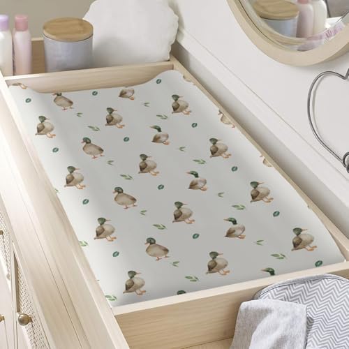 Cute Watercolor Ducks Birds Leaves Pattern Baby Changing Pad Cover, Unisex Mallard Ducks Nursery Diaper Changing Table Pad Mat Sheet for Boys Girls-16x32