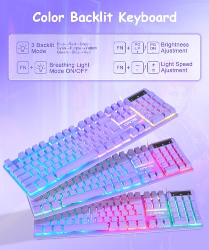Purple Gaming Keyboard Light Up with USB Wired,3 Mix Color LED for Computer