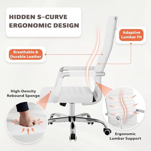 Furmax Ribbed Office Chair High Back PU Leather Executive Conference Chair Adjustable Swivel Chair with Arms (White)