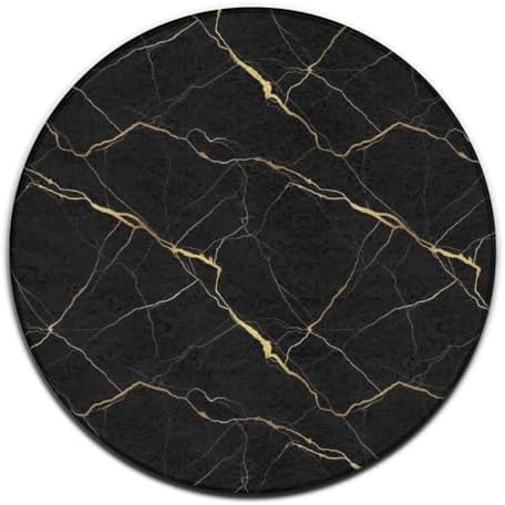 Large Machine Washable Circular Rugs, Home Decor Round Mat for Living Room Sofa Office Black Marble Gold Texture, 24inch