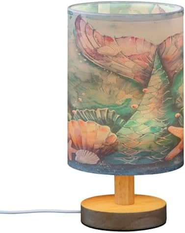 ALAZA Mermaid Starfish Seashell Watercolor Blue Decor Bedside Table Lamp with USB Port for Bedroom Nightstand Office Desk LED Bulb Included