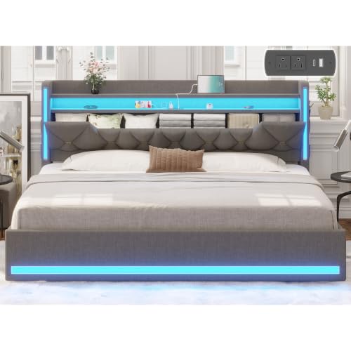 King Size Bed Frame with Marshmallow Headboard and Storage, Gray