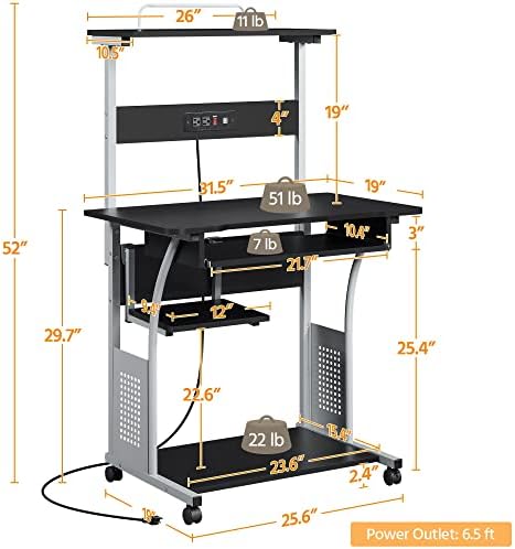 Yaheetech Small 3-Tier Rolling Computer Desk, Power Outlet, Black