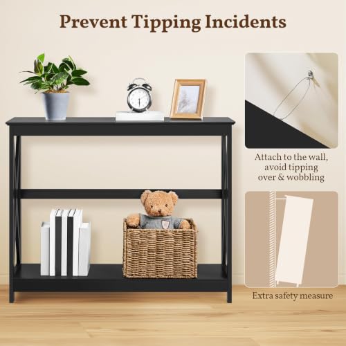 Narrow Black Entryway Console Table, 2-Tier X-Frame Storage Shelf