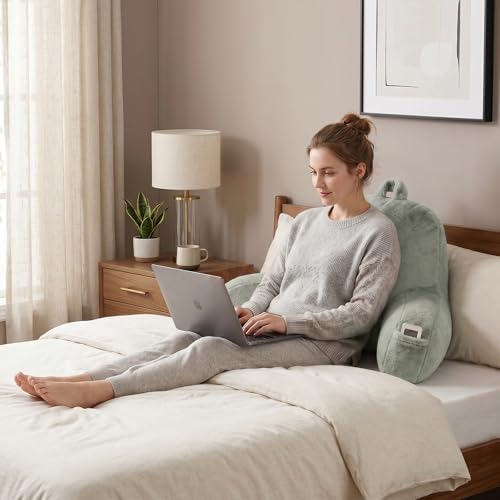 Soft Reading Pillow for Bed with Arms,Middle,Green,Faux Fur