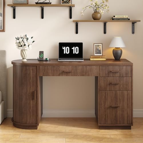 58 Inch Fluted Executive Desk with File Drawer, Walnut