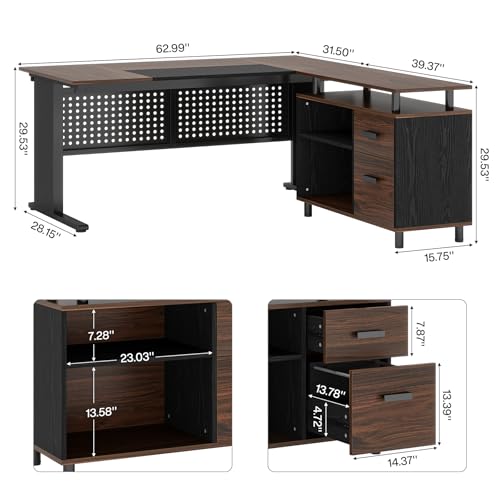 Tribesigns 63 Inch Executive Desk with File Cabinet, L Shaped Office Desk