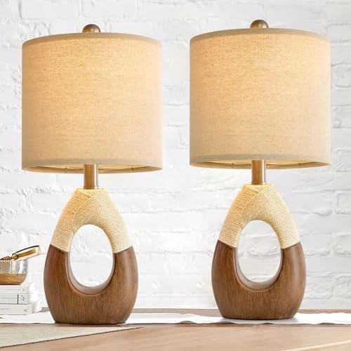 OYEARS Boho Table Lamps Bedroom Living Room Set 2,Suitable for Small Space,Farmhouse RattanTable Lamp 19”Rustic Egg Design Resin Light Decoration,Nightstand Bedside Lamps for Office Study Rest