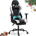 Gaming Chair with Footrest, Video Game Chair with Massage, PU Leather Computer Chair, Lumbar Support for Men Women, Home Office, Height Adjustable, Ergonomic High Back, White