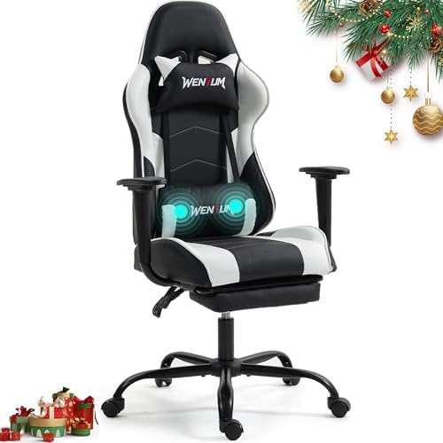 Gaming Chair with Footrest, Video Game Chair with Massage, PU Leather Computer Chair, Lumbar Support for Men Women, Home Office, Height Adjustable, Ergonomic High Back, White