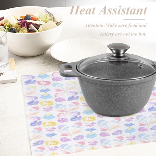 Shrahala Pastel Seamless Floral Set of 6 12 X 18 Inch Linen Placemats, Abstract Geometric Blossom Burlap Table Mat Washable Double Layered Heat Insulation for Indoor