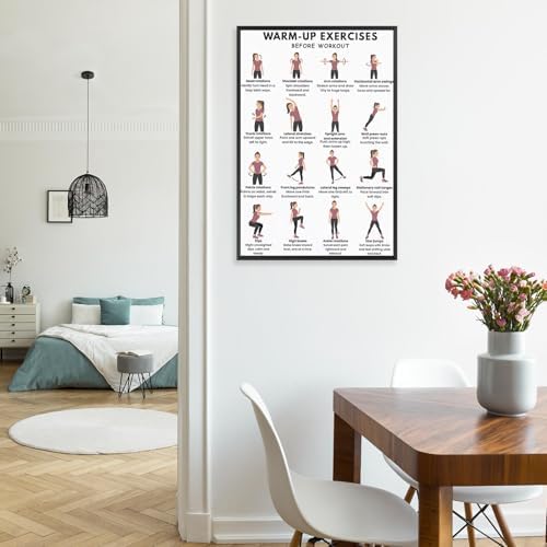 Pre-Workout Warm-Up Exercise Poster, 16 Illustrated Full-Body Prep Movement Chart, Bodyweight Joint Loosening Reference to Prevent Strains Before Home & Gym Fitness Training Sessions(24x36inchs，Black Framed)