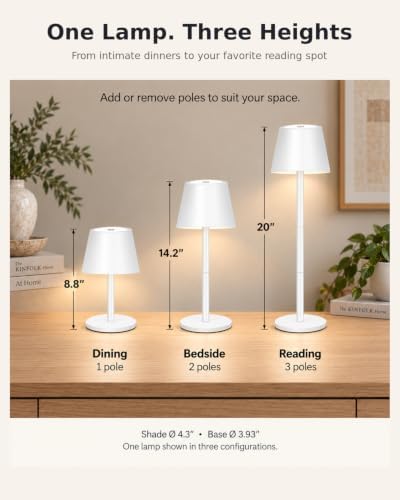 Cordless Table Lamp, 5000mAh Rechargeable, Adjustable 8.8"-20